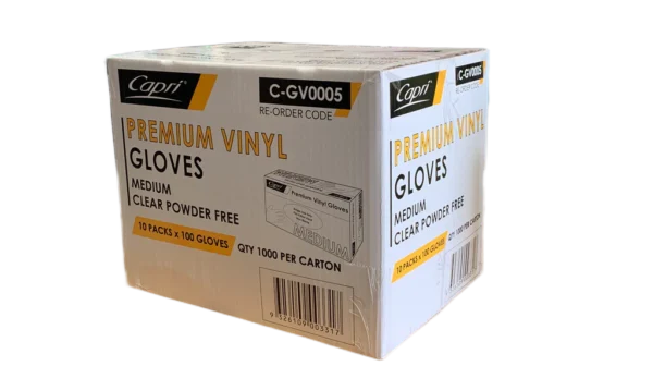 Capri Premium Vinyl Gloves Powder Free Medium Clear 1000 Pcs (10 X 100pcs) C-GV0005